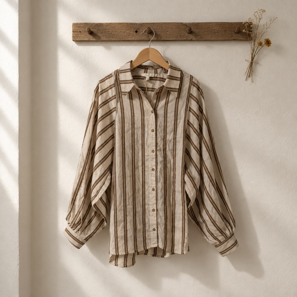 NWT Striped Button Down Shirt Brown Cream Dolman Sleeve ET71734 Small